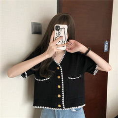 V-Neck Short Sleeve Knitted Tunic Cropped Shirt