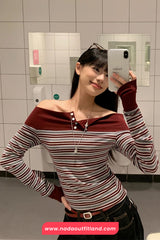 Long Sleeve Slash Neck Striped Cropped Slim Shirt