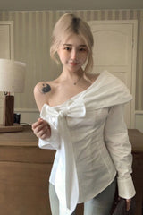 Long Sleeve Bow Bandage Sexy One Shoulder Blouse Shirt