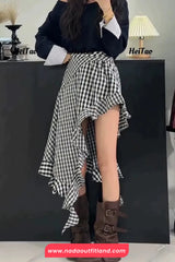 High Waist Sexy Irregular Long Plaid Skirts