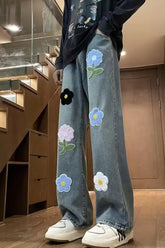 Casual Floral Embroidered Men Jeans Pants