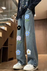 Casual Floral Embroidered Men Jeans Pants