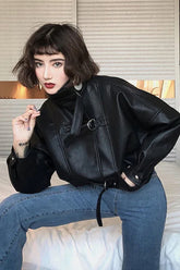 Batwing Sleeve Black Leather Jacket �Cropped Edgy Statement Outerwear