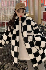 Loose Padded Checkered Plaid Fur Jacket