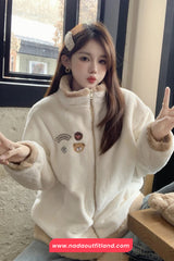 Loose Stand Neck Cute Bear Embroidered Zipper Jacket