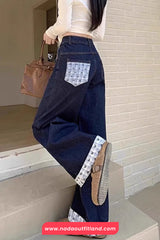 High Waist Bow Plaid Patchwork Jeans Pants