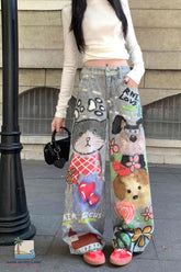 Loose Cute Doodle Animal Printed Jeans Pants