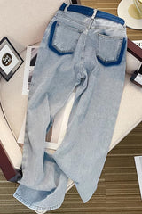High Waist Loose Blue Lined Jeans Pants