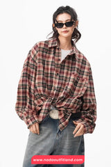 Loose Long Sleeve Retro Plaid Pattern Blouse Shirt