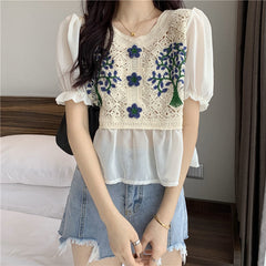 Retro V-Neck Floral Embroidered Short Sleeve Shirt