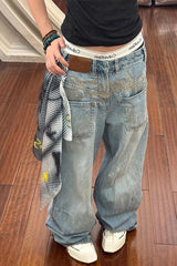 Loose Unique Front Pockets Wide Leg Jeans Pants