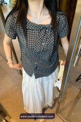 Short Sleeve Bow Lace Up Cute Plaid Shirt