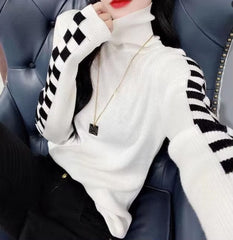 Long Sleeve Side Checkered Knitted Turtleneck Sweater
