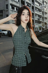 Sexy Turn Down Collar Plaid Sleeveless Crop Tops