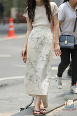 High Waist Floral Embroidered Slimming Side Slit Midi Skirts