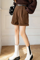High Waist Retro Loose Corduroy Shorts with Belt