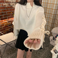Cropped Lace Tie Irregular Sweater