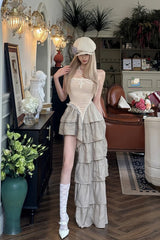 Sexy Strapless Irregular Ruffled Long Dress