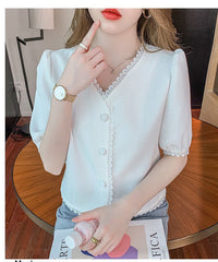 Casual Sweet Lace V-Neck Short Sleeve Blouse Shirt