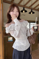 Long Sleeve Off Shoulder Plaid Pattern Ruffle Slim Blouse Shirt