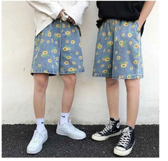 Casual Sun Flower Pattern Denim Men Shorts Pants