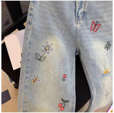 High Waist Garden Embroidered Long Jeans Pants