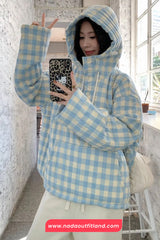 Long Sleeve Blue Plaid Hooded Puffer Coat Jacket
