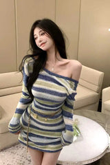 Long Sleeve Striped Knitted Backless Midi Dress