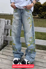 High Waist Side Floral Embroidered Men Jeans Pants