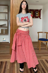 Vintage Plaid Bandage Pleated Long Skirts