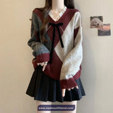 Long Sleeve V-Neck Lace Spliced Argyle Sweater