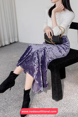 High Waist Sexy Slim Elegant Ruffles Velvet Skirts