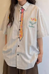 Short Sleeve Cute Tie Hand Painted Striped Blouse Shirts