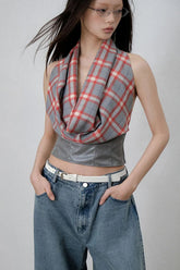 Sexy Plaid Patchwork Backless Leather Crop Tops