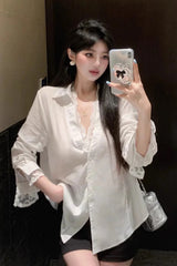 Long Sleeve Lace Patchwork Button Office Blouse Shirt