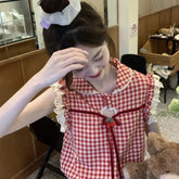 Sleeveless Plaid Pattern Cute Lace Shirt