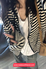 Long Sleeve Black White Striped Knitted Hooded Cardigan Sweater
