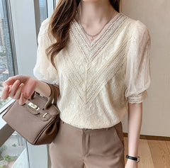 Short Sleeve V-Neck Lace Blouse Shirt
