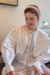 Flare Sleeve Peter Pan Collar Embroidered Blouse Shirt