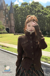 Long Sleeve Vintage Stand Collar Cropped Brown Coat Jacket