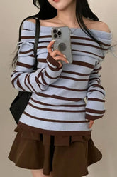 Sexy Slash Neck Striped Cute Bow Knit Sweater