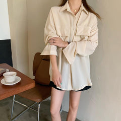 Long Sleeve Double Pockets Retro Blouse Shirts