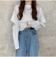 Long Hole Sleeve O-Neck Cropped Shirt