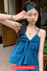 Sleeveless Sweet Bow Plaid Camis Crop Tops