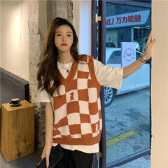 Loose Chess Plaid V-Neck Vest Sweater