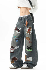 Loose Cartoon Embroidered Hip Hop Jeans Pants