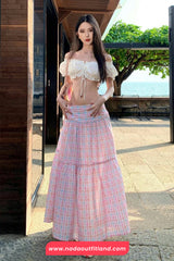 Casual A-Line Design Pink Plaid Midi Skirts