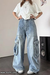 High Waist Retro Cargo Pockets Women Jeans Pants