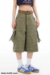 High Waist Vintage Plaid Pattern Knee Length Pants