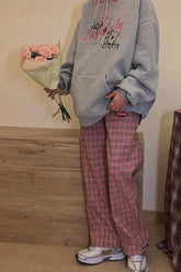 High Waist Cute Dark Pink Plaid Long Pants